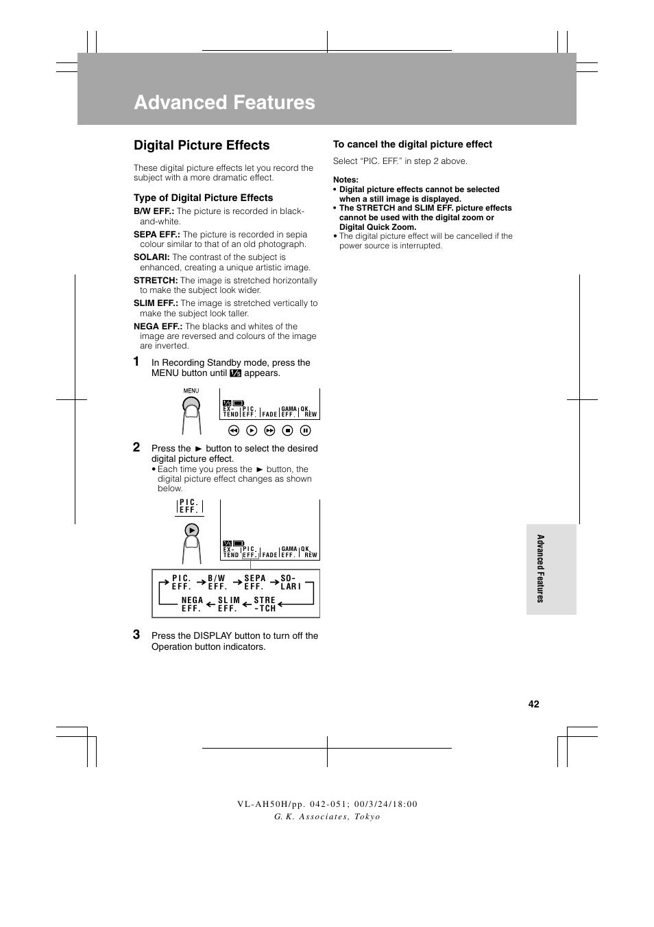 Advanced features, Digital picture effects | Sharp VL AH 50 H User Manual | Page 49 / 72