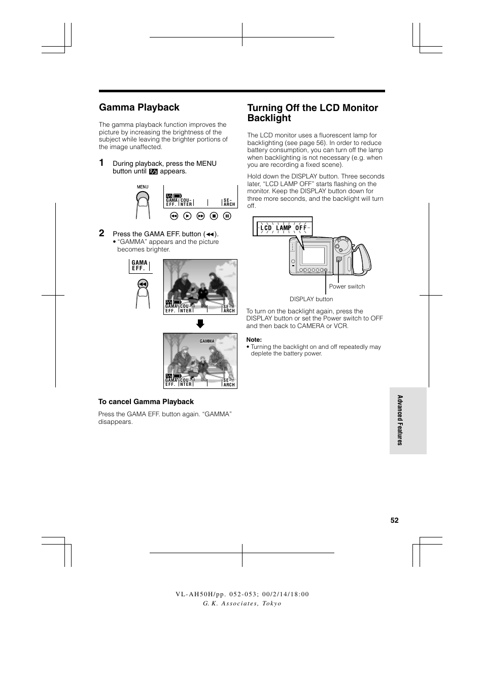 Gamma playback, Turning off the lcd monitor backlight | Sharp VL AH 50 H User Manual | Page 59 / 72