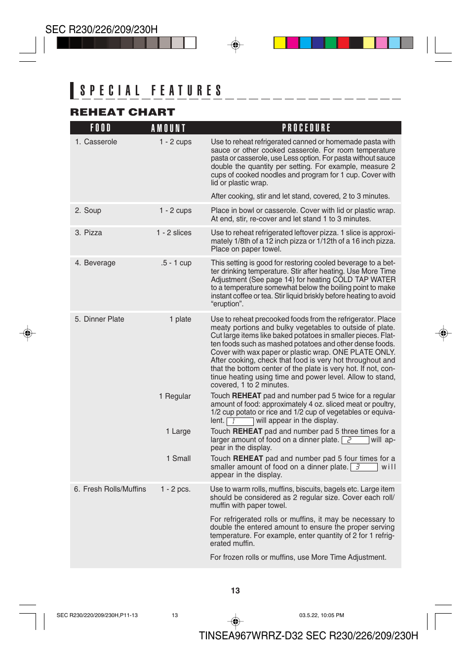 Reheat chart | Sharp 209H User Manual | Page 15 / 24