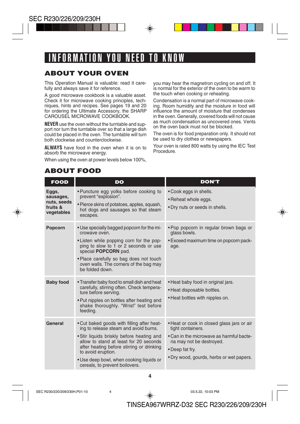 About your oven, About food | Sharp 209H User Manual | Page 6 / 24