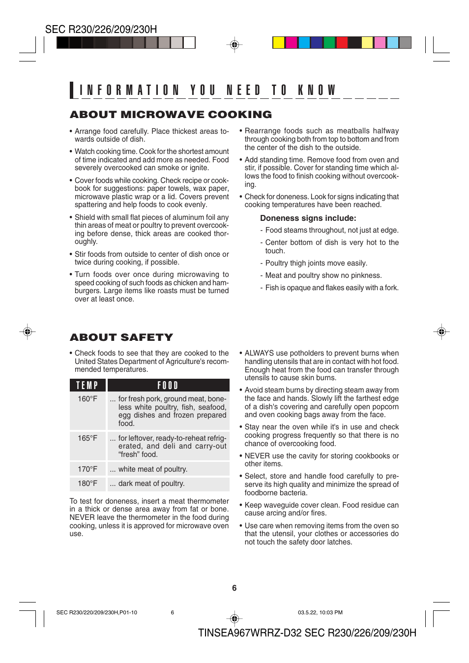 About microwave cooking, About safety | Sharp 209H User Manual | Page 8 / 24