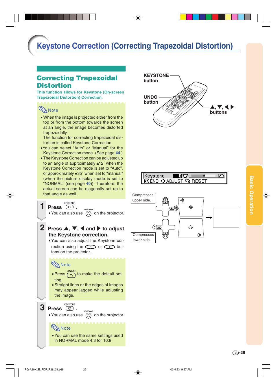 Correcting trapezoidal distortion | Sharp PG-A20X User Manual | Page 33 / 74