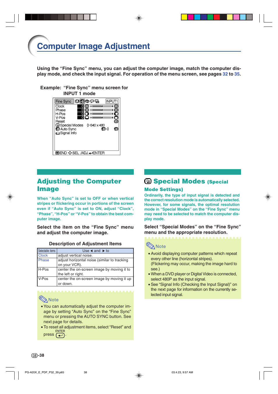 Computer image adjustment, Adjusting the computer image, Special modes | Sharp PG-A20X User Manual | Page 42 / 74