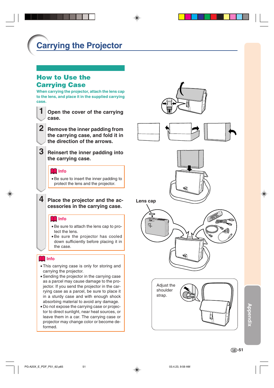 Carrying the projector, How to use the carrying case | Sharp PG-A20X User Manual | Page 55 / 74