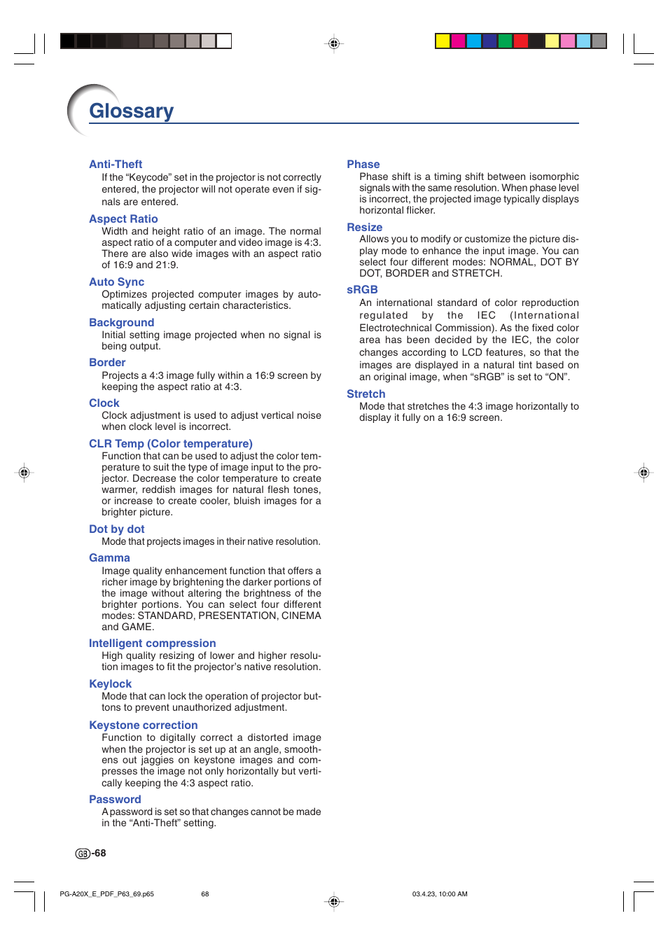 Glossary | Sharp PG-A20X User Manual | Page 72 / 74