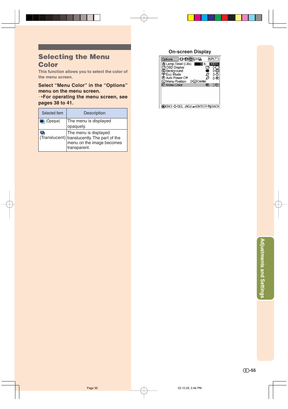 Selecting the menu color | Sharp DT-300 User Manual | Page 56 / 72