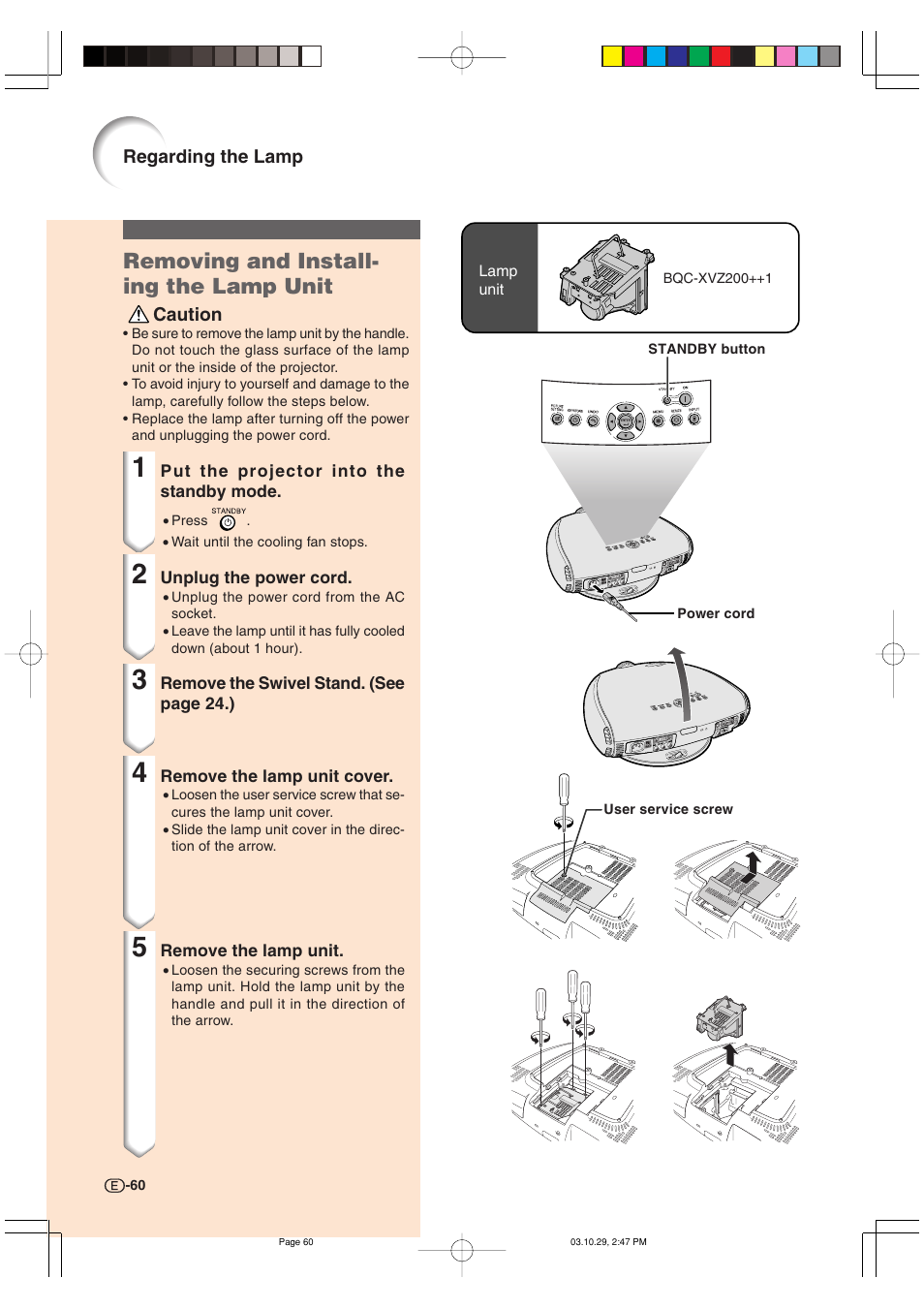Removing and install- ing the lamp unit | Sharp DT-300 User Manual | Page 61 / 72