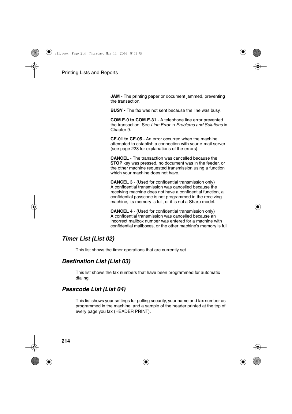 Timer list (list 02), Destination list (list 03), Passcode list (list 04) | Sharp FODC525 User Manual | Page 216 / 248