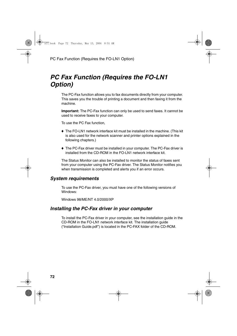 Pc fax function (requires the fo-ln1 option) | Sharp FODC525 User Manual | Page 74 / 248