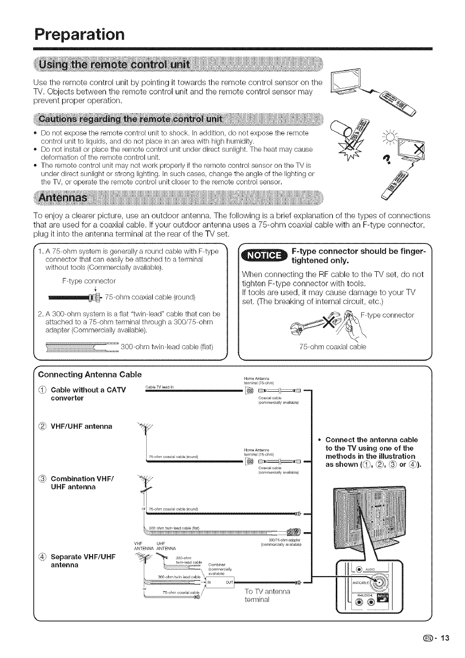 Preparation, Jslrig;:thé; irérnpe; cotitrol-yftit, Aritemvas | F-type connector should be finger- tightened only | Sharp Aquos LC 42D43U User Manual | Page 14 / 61