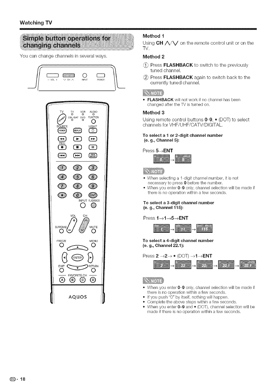 Si:rnpfè.;b;ijttorì^jppèr^ piiartgfng:-chàririéis, Method 1, Method 2 | Method 3, Watching tv | Sharp Aquos LC 42D43U User Manual | Page 19 / 61