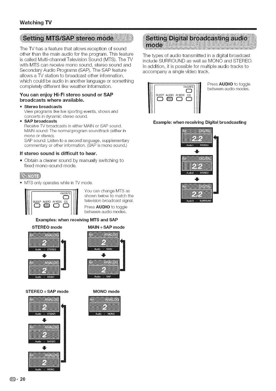 If stereo sound is difficult to hear, Fretting; ;p;ìg:|ta№màdcas^^^ ;àii.dio, Watching tv | Cd cd cd cd | Sharp Aquos LC 42D43U User Manual | Page 21 / 61