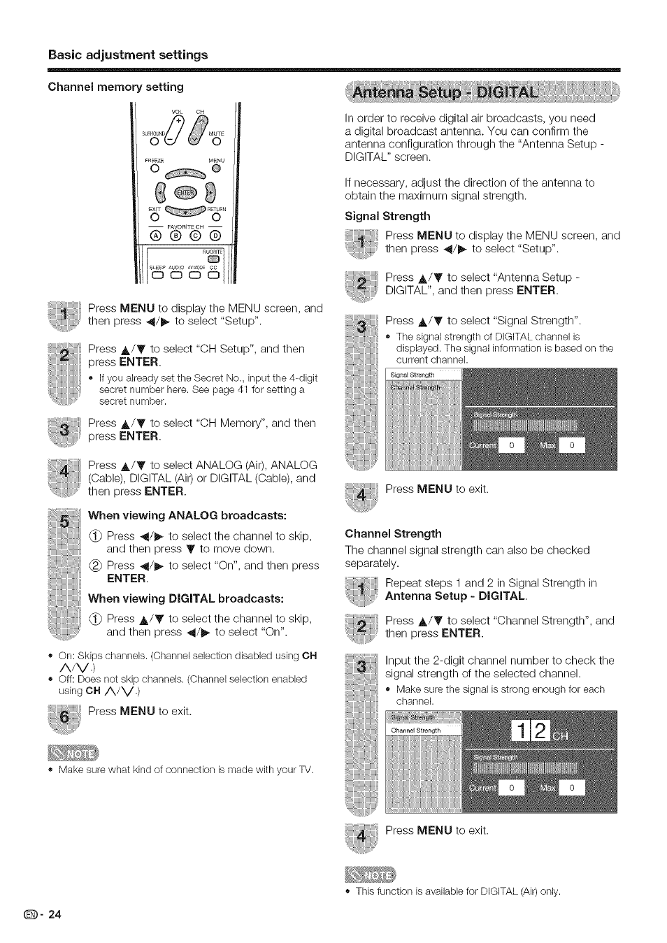 When viewing analog broadcasts, Channel strength, Channel setup | Basic adjustment settings | Sharp Aquos LC 42D43U User Manual | Page 25 / 61