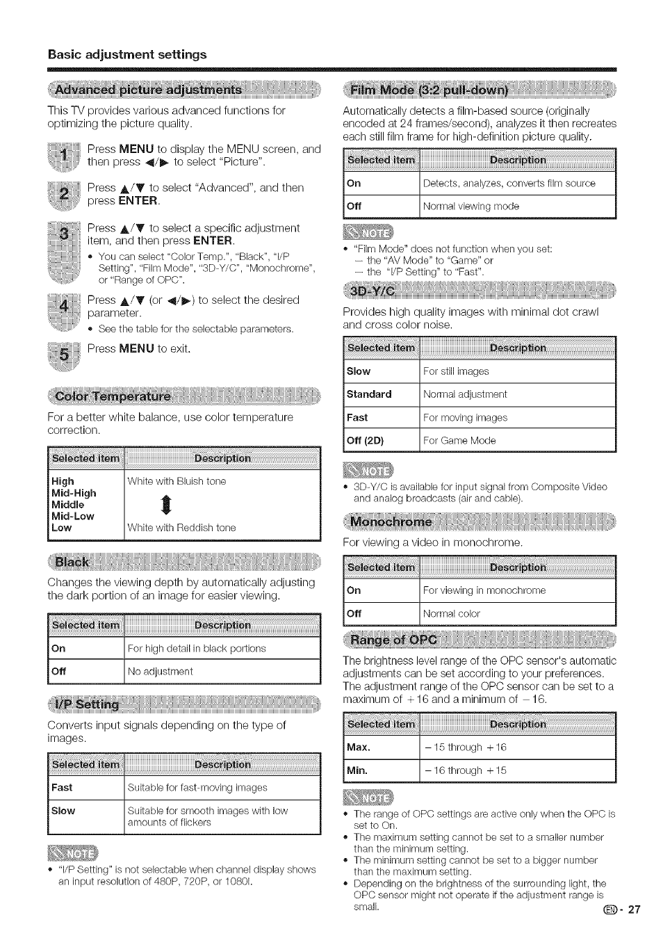 Basic adjustment settings | Sharp Aquos LC 42D43U User Manual | Page 28 / 61