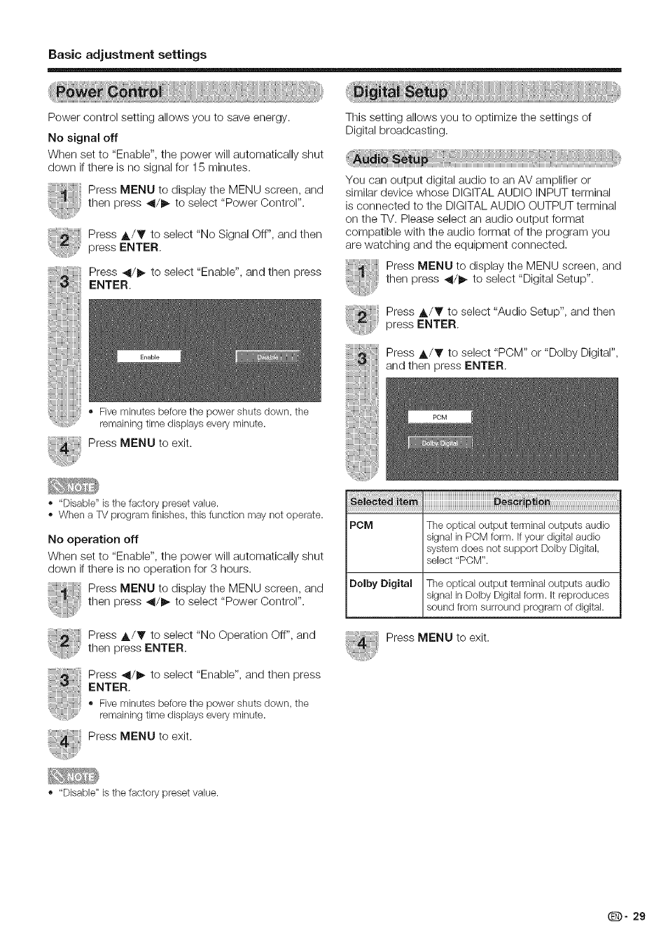 No operation off, Basic adjustment settings, Pescripli.pn t | Sharp Aquos LC 42D43U User Manual | Page 30 / 61