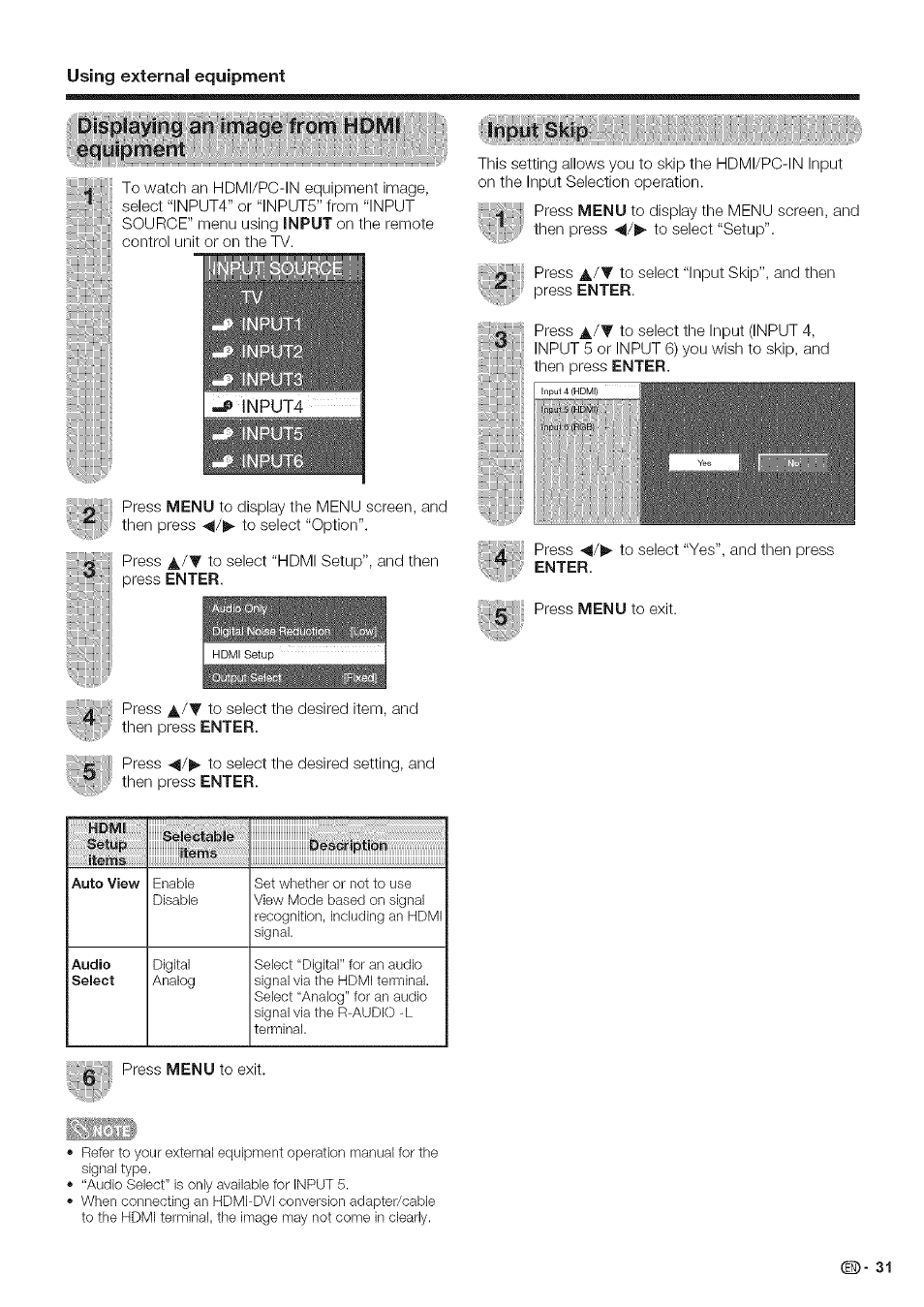 Using external equipment, Displaying; iari:iríiág0;f^orn- h.diyii, Qujpitt:ènt | Sharp Aquos LC 42D43U User Manual | Page 32 / 61