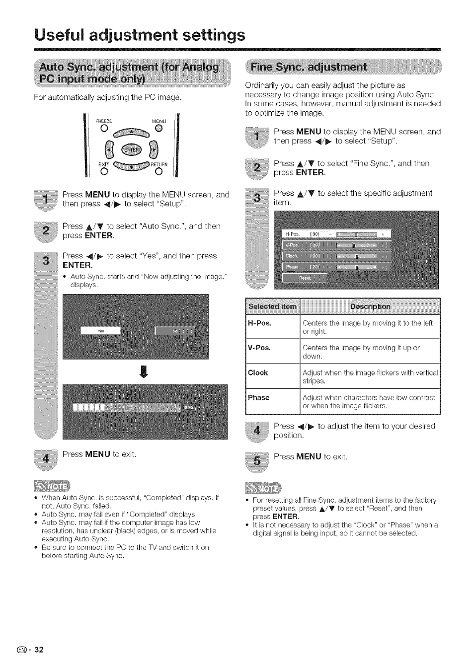 Useful adjustment settings | Sharp Aquos LC 42D43U User Manual | Page 33 / 61