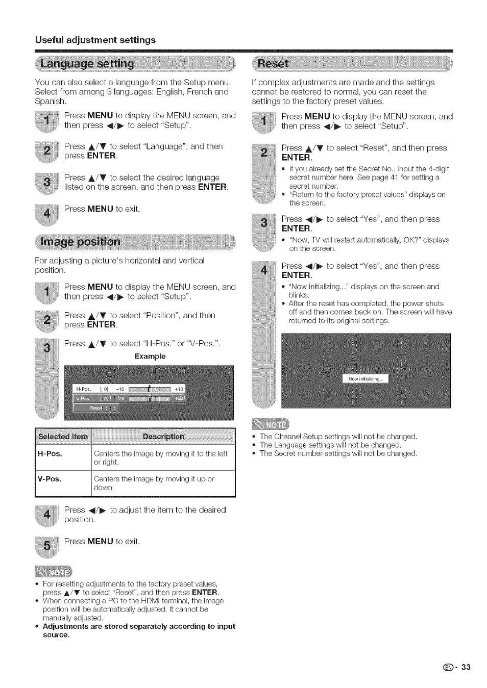 Taittguage/sfetting, Enter, Adjustment settings | Useful | Sharp Aquos LC 42D43U User Manual | Page 34 / 61