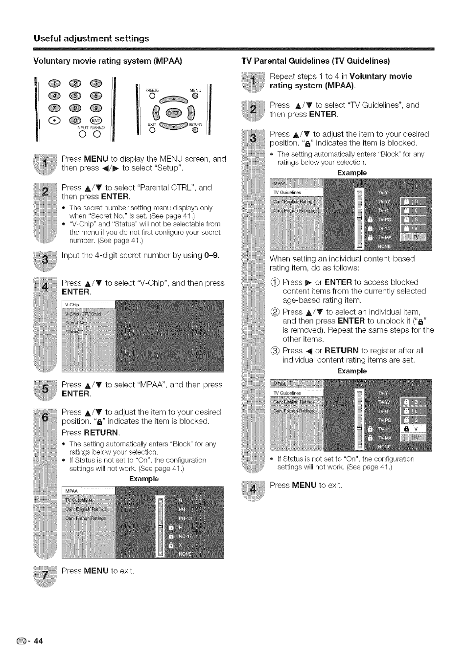 Voluntary movie rating system (mpaa), Tv parental guidelines (tv guidelines), Adjustment settings | Cd cd cd cd cd cd, Useful | Sharp Aquos LC 42D43U User Manual | Page 45 / 61