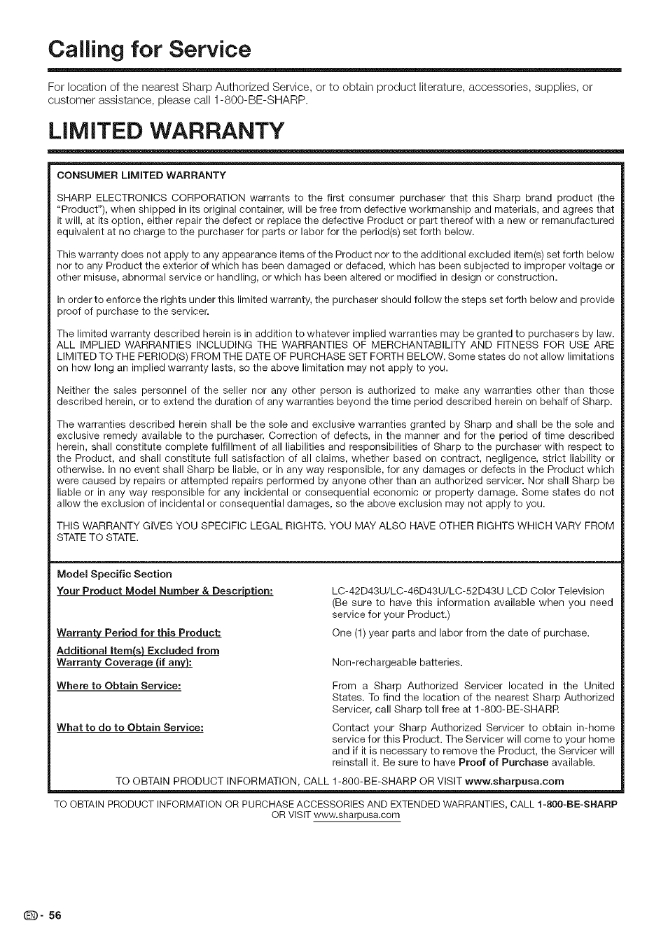 Calling for service, Limited warranty | Sharp Aquos LC 42D43U User Manual | Page 57 / 61