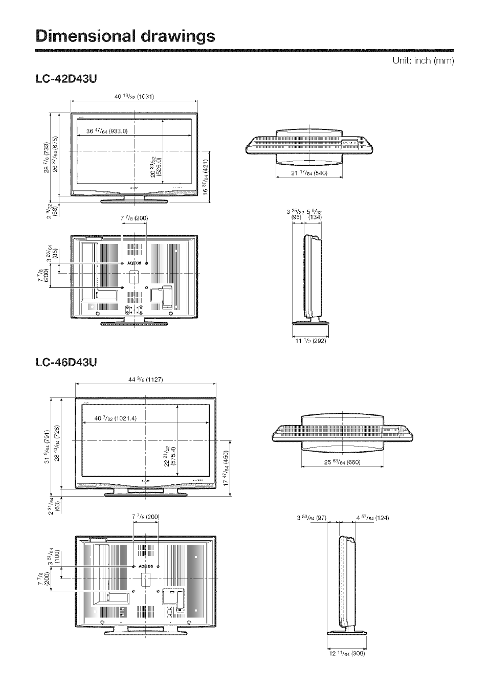 Dimensionai drawings, Lc-42d43u, Lc-46d43u | Sharp Aquos LC 42D43U User Manual | Page 59 / 61