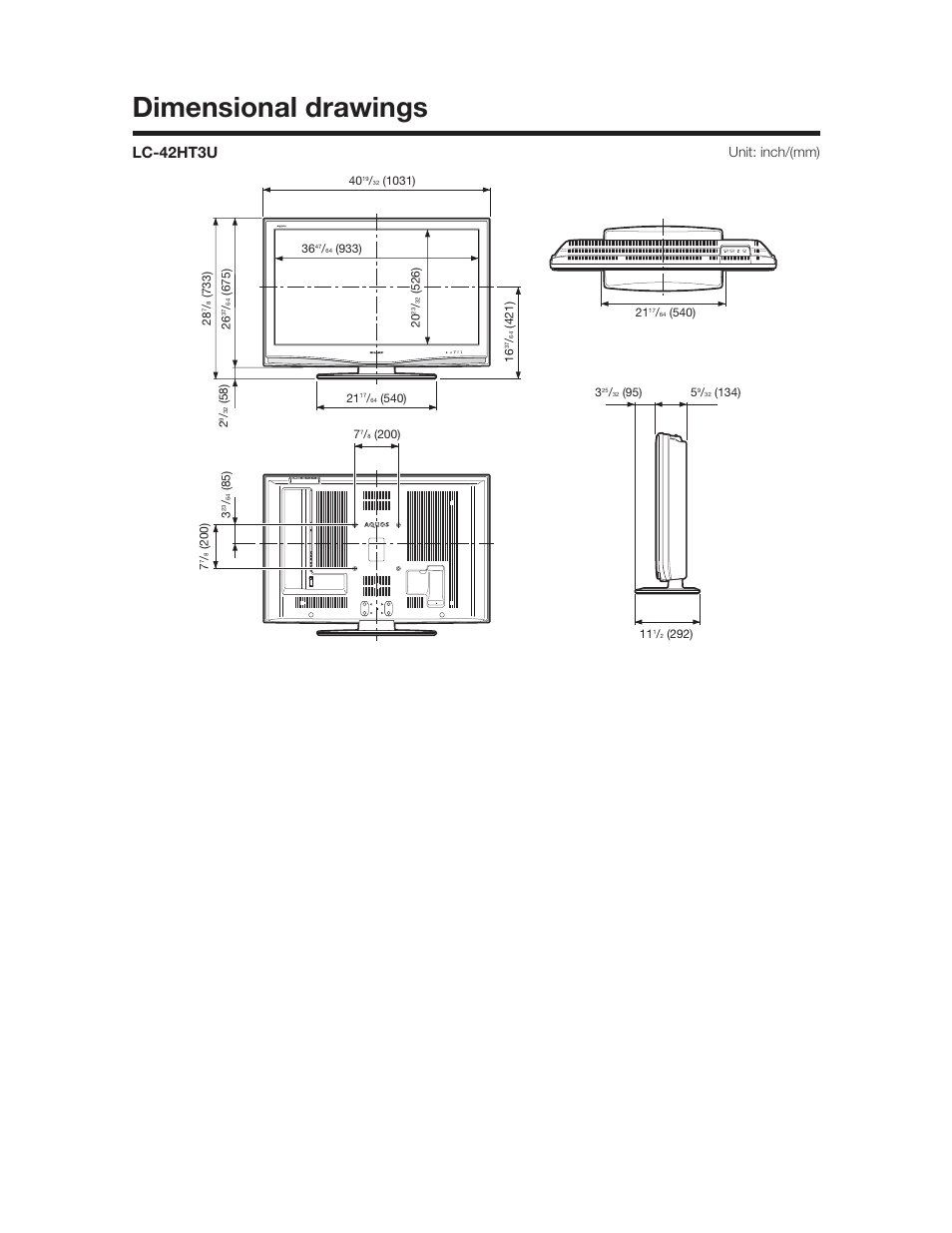 Dimensional drawings, Lc-42ht3u, Unit: inch/(mm) | Sharp Aquos LC 37HT3U User Manual | Page 28 / 29