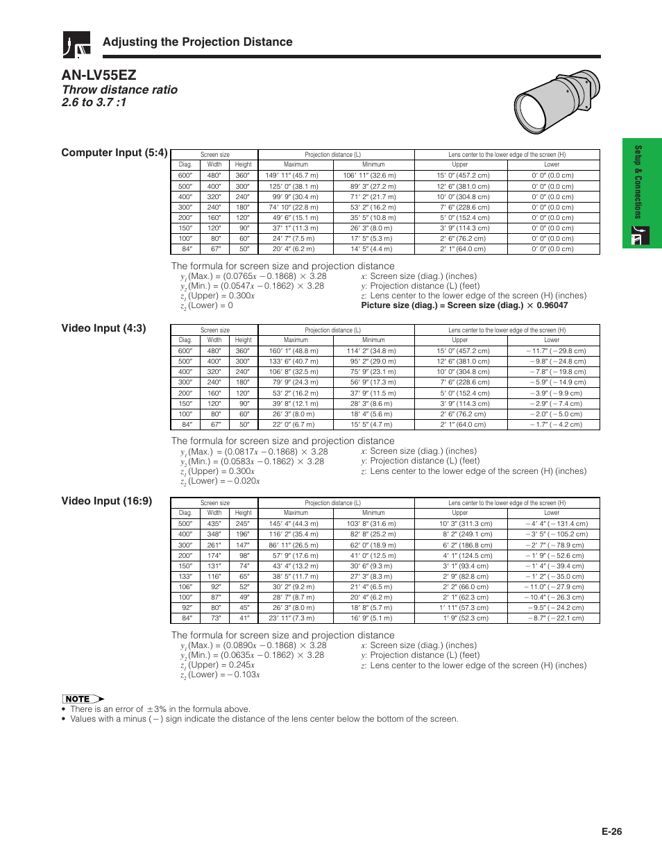 An-lv55ez, Adjusting the projection distance, Computer input (5:4) | Video input (4:3), Video input (16:9), E-26 | Sharp Conference Series XG-V10WU User Manual | Page 27 / 90