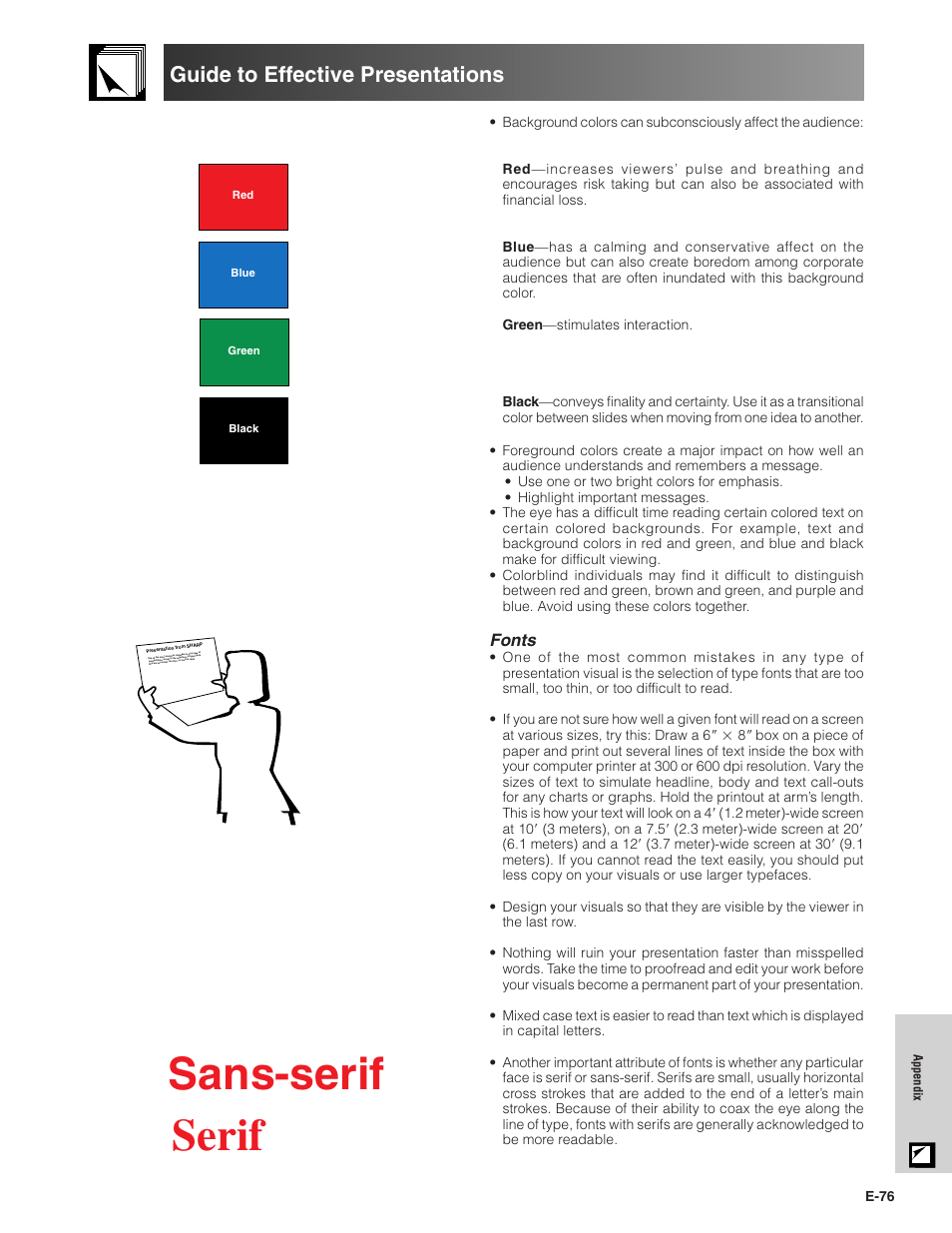 Sans-serif serif, Guide to effective presentations, Fonts | Sharp Conference Series XG-V10WU User Manual | Page 77 / 90