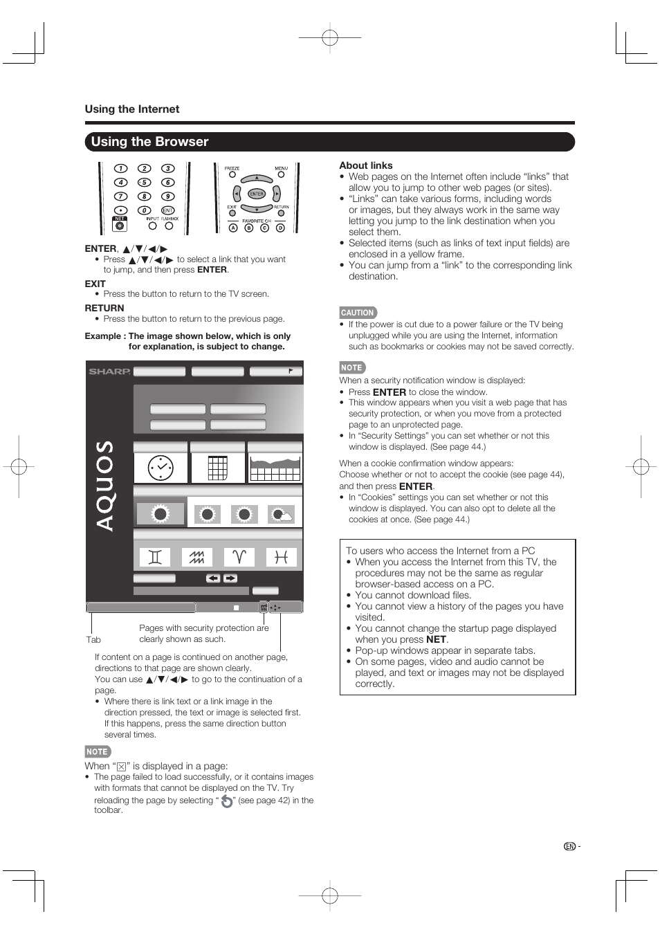 Using the browser, Fea eat ured c ured content, Using the internet | Sharp Aquos LC 52SE94U User Manual | Page 43 / 59