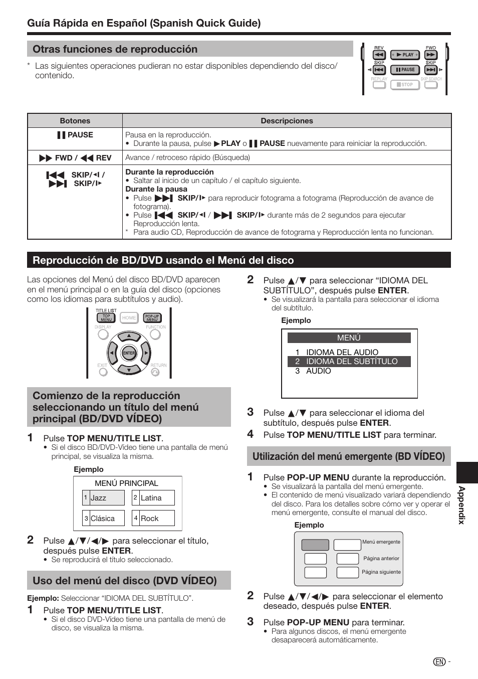Reproducción de bd/dvd usando el menú del disco, Uso del menú del disco (dvd vídeo), Utilización del menú emergente (bd vídeo) | Sharp AQUOS BD-HP70U User Manual | Page 81 / 84
