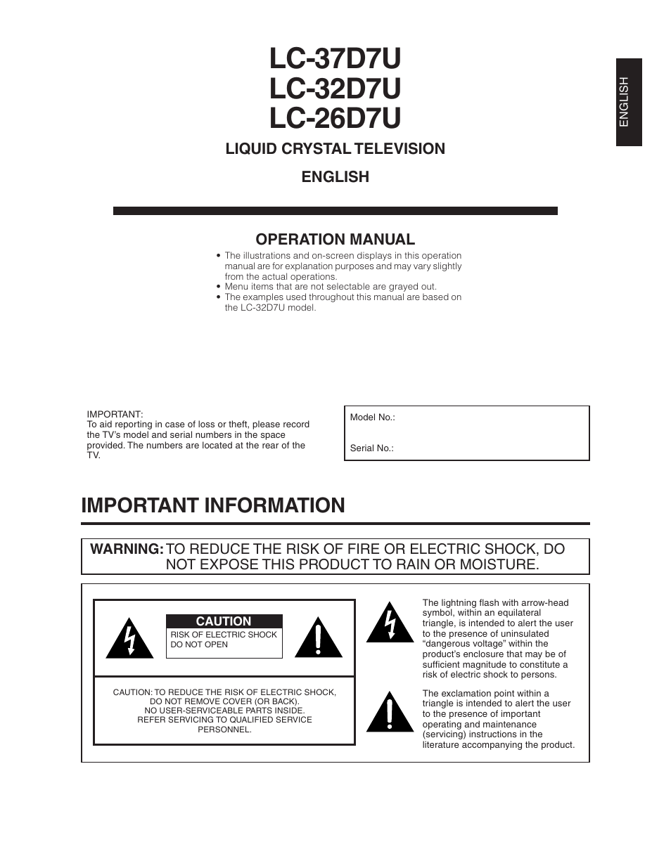 Important information, Liquid crystal television english operation manual | Sharp Aquos LC 32D7U User Manual | Page 2 / 101