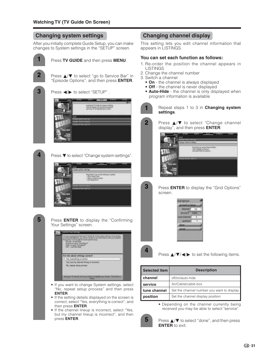 Changing system settings, Changing channel display | Sharp Aquos LC 32D7U User Manual | Page 32 / 101