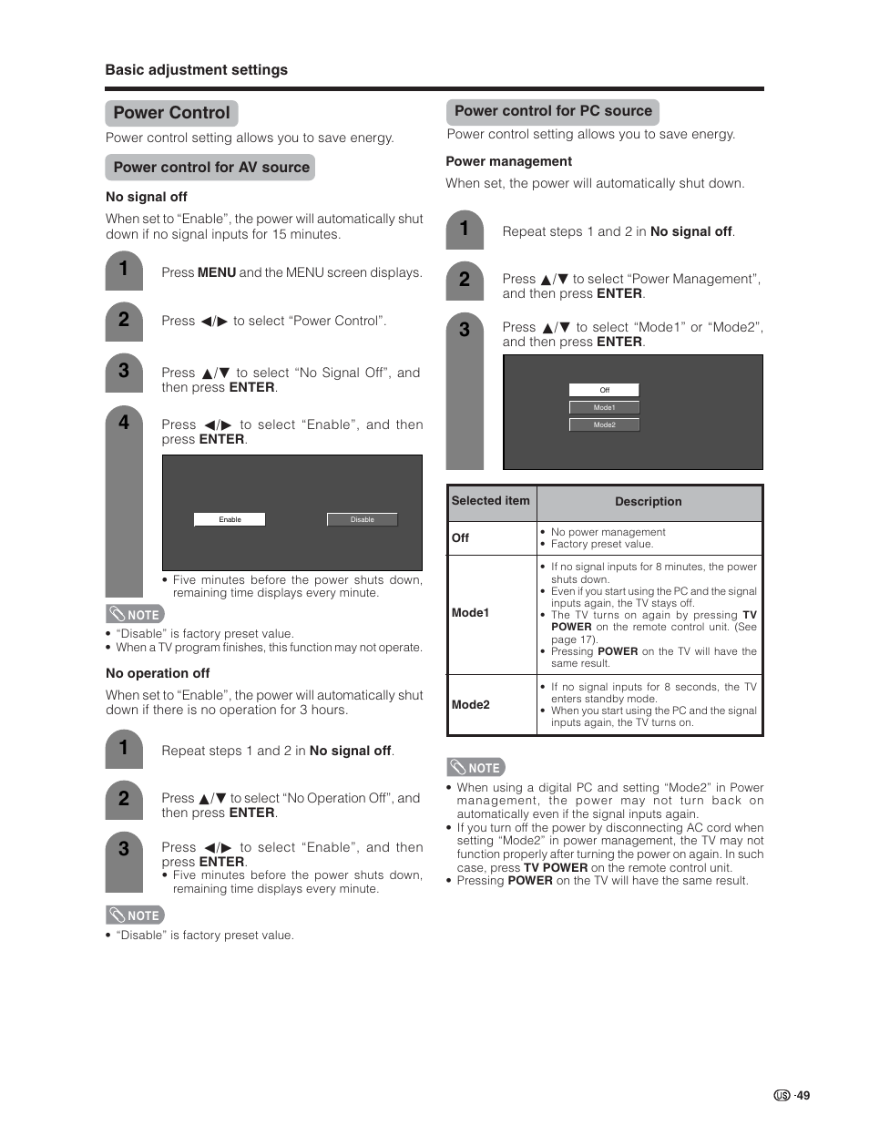 Power control | Sharp Aquos LC 32D7U User Manual | Page 50 / 101