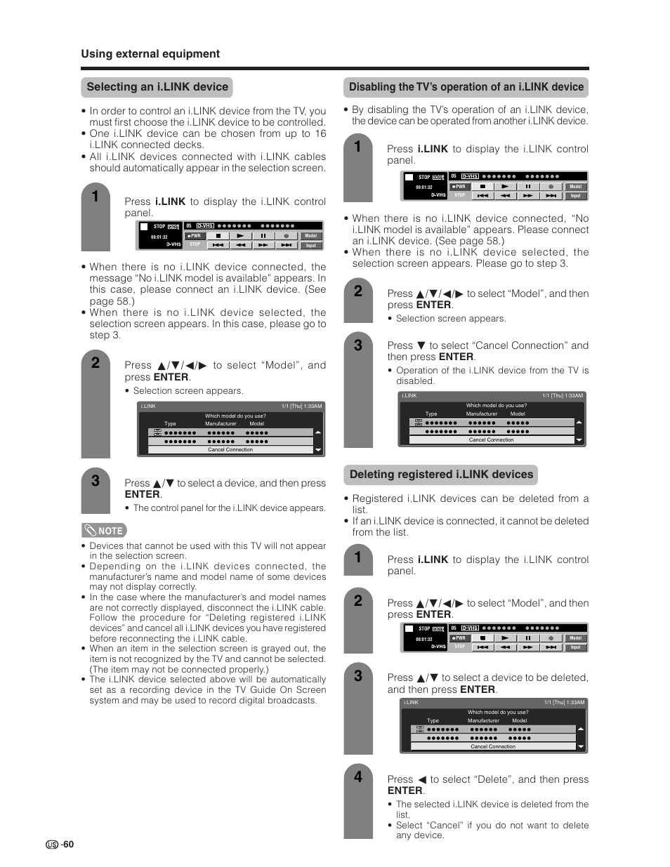 Disabling the tv’s operation of an i.link device, Deleting registered i.link devices | Sharp Aquos LC 32D7U User Manual | Page 61 / 101