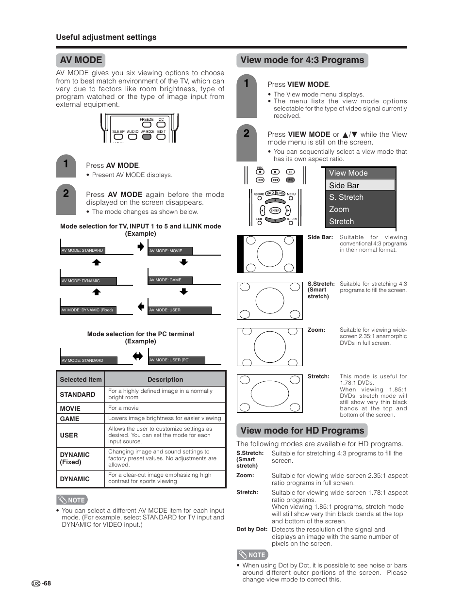 Av mode, View mode for 4:3 programs, View mode for hd programs | Sharp Aquos LC 32D7U User Manual | Page 69 / 101