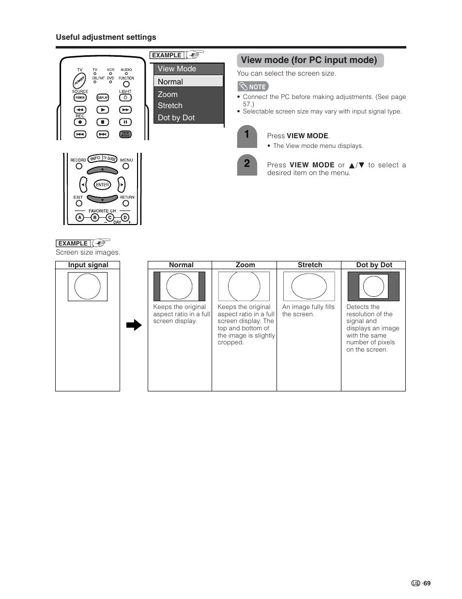 View mode (for pc input mode) | Sharp Aquos LC 32D7U User Manual | Page 70 / 101