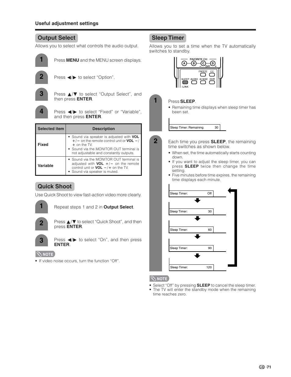 Output select, Quick shoot, Sleep timer | Sharp Aquos LC 32D7U User Manual | Page 72 / 101