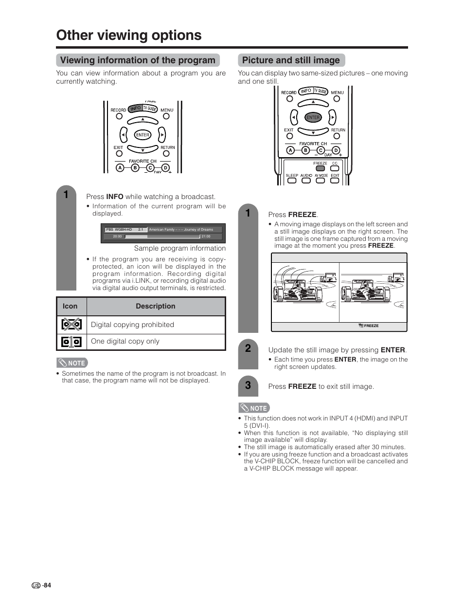 Other viewing options, Viewing information of the program, Picture and still image | Sharp Aquos LC 32D7U User Manual | Page 85 / 101