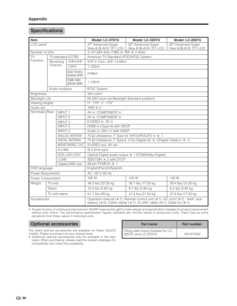 Specifications, Optional accessories | Sharp Aquos LC 32D7U User Manual | Page 97 / 101