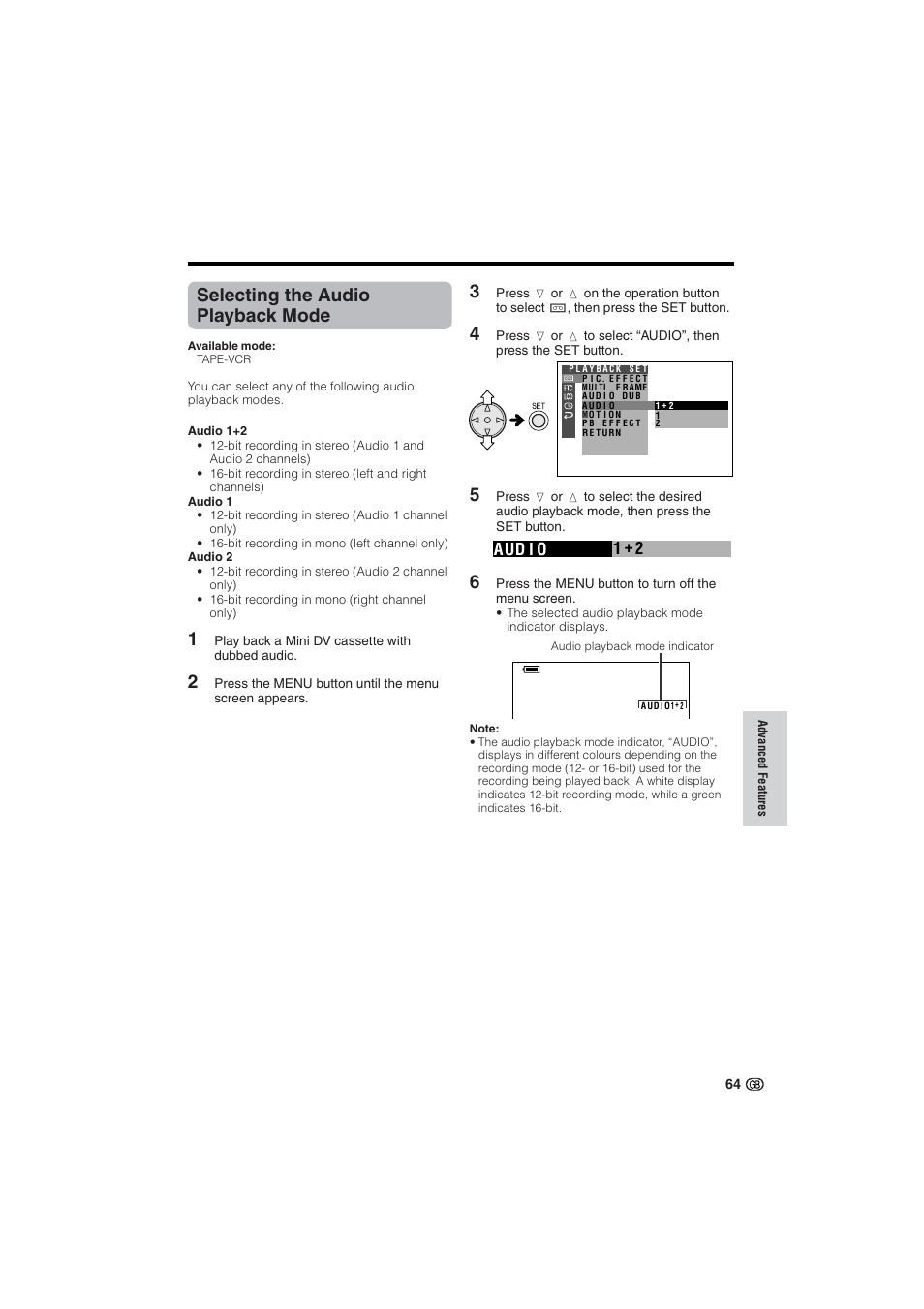 Selecting the audio playback mode, Aud i o 1 2 | Sharp VL-NZ10S User Manual | Page 79 / 111