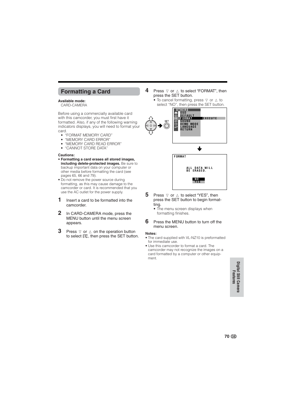 Formatting a card | Sharp VL-NZ10S User Manual | Page 85 / 111