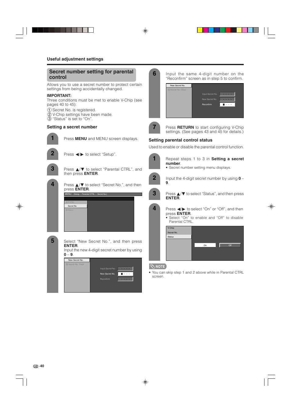 Secret number setting for parental control, Useful adjustment settings, Setting parental control status | Setting a secret number | Sharp Aquos LC 32D4U User Manual | Page 41 / 61