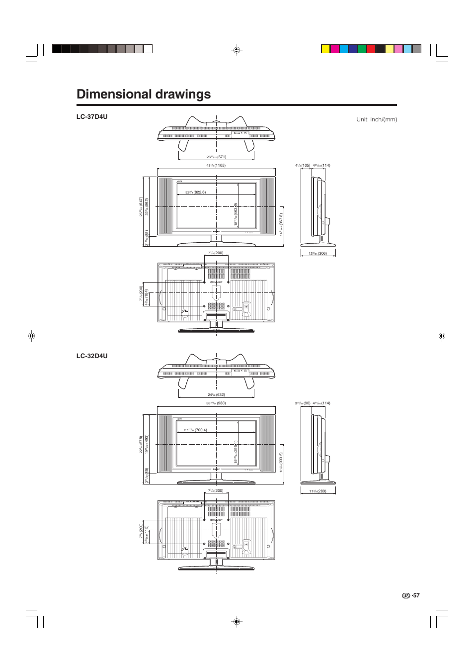 Dimensional drawings, Lc-37d4u, Lc-32d4u | Unit: inch/(mm) | Sharp Aquos LC 32D4U User Manual | Page 58 / 61