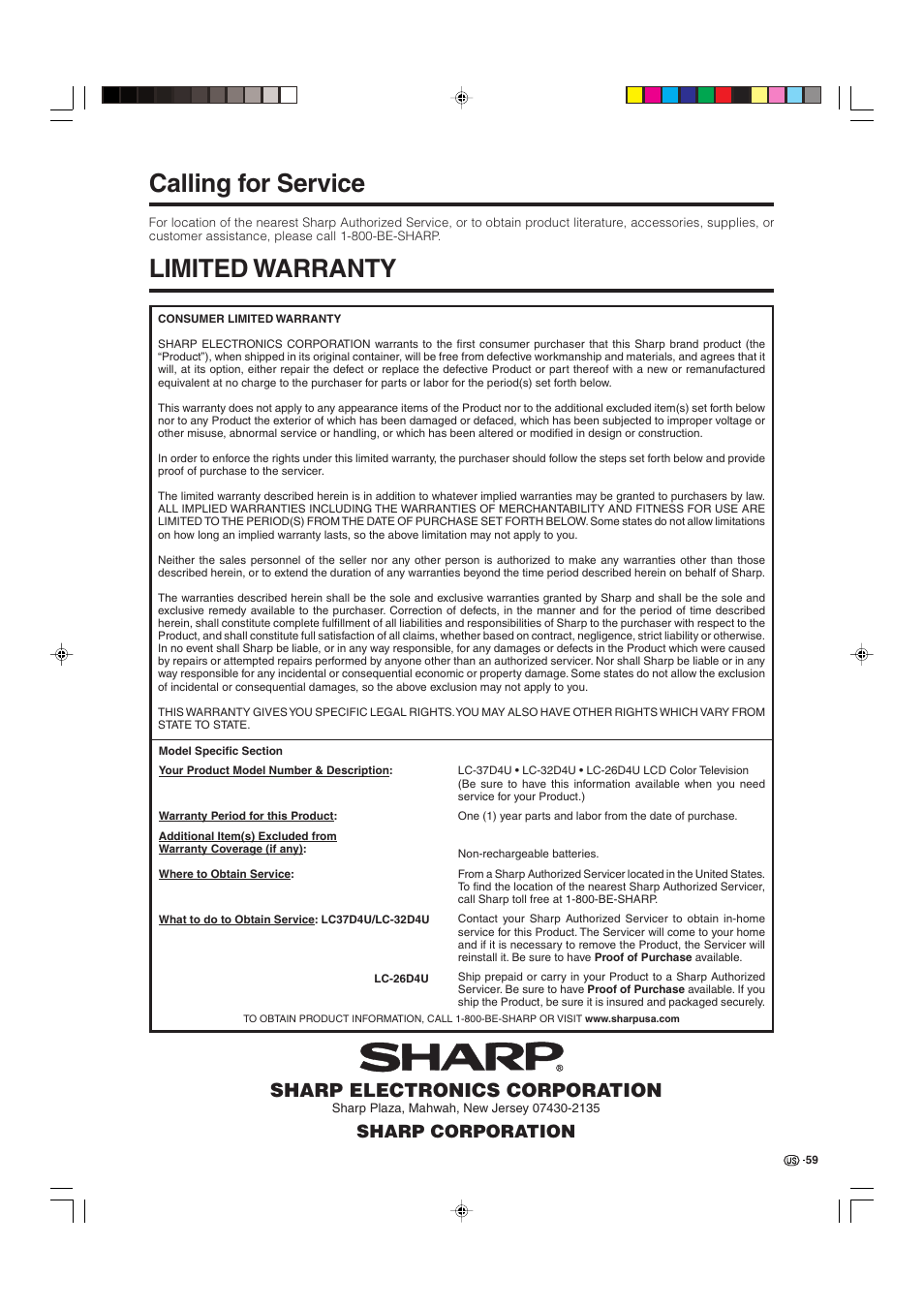 Calling for service, Limited warranty, Sharp electronics corporation | Sharp corporation | Sharp Aquos LC 32D4U User Manual | Page 60 / 61