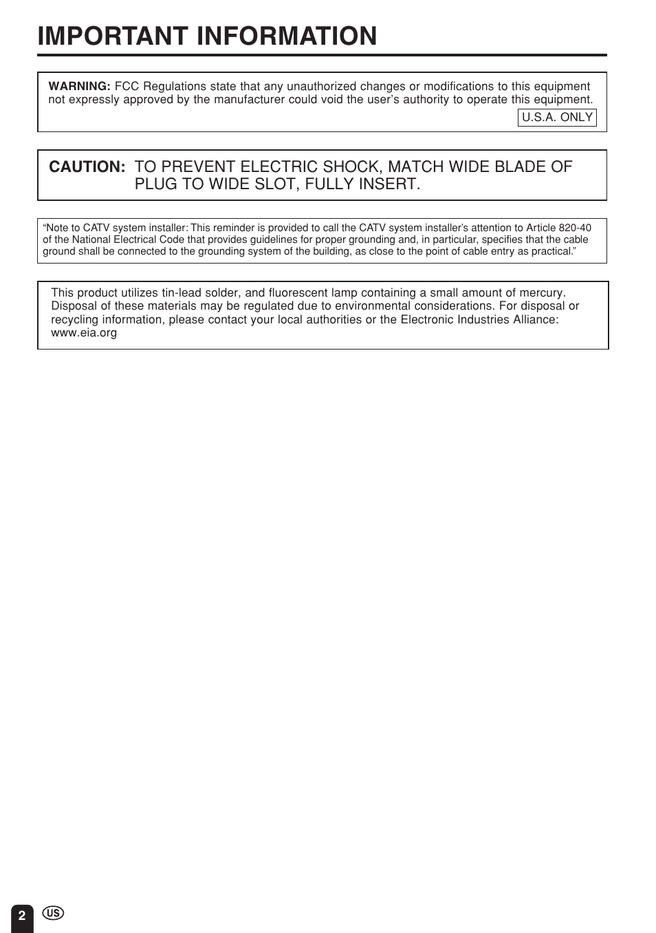 Important information | Sharp Aquos LC 15E1U User Manual | Page 3 / 49