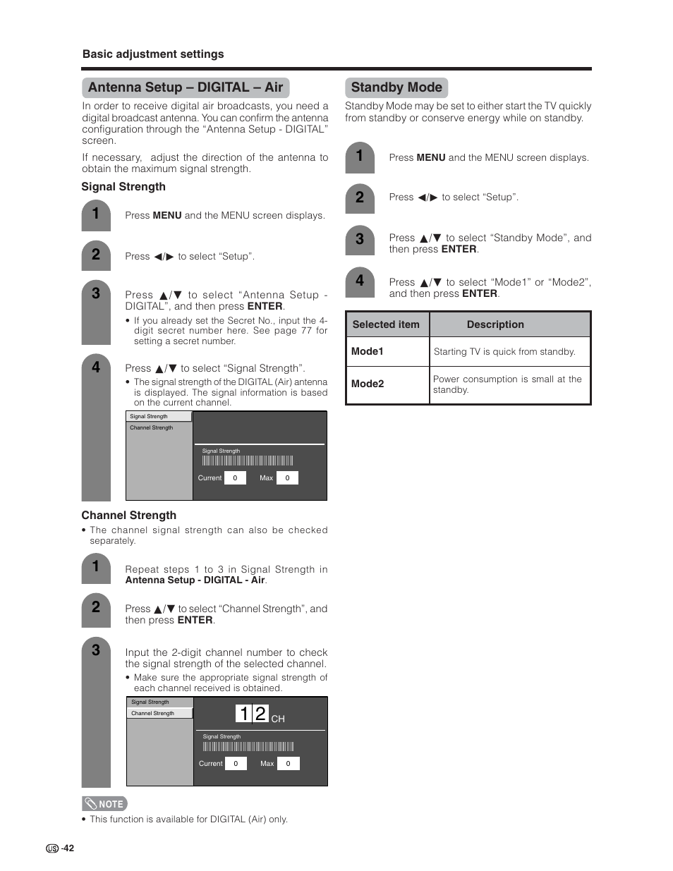 Antenna setup – digital – air, Standby mode | Sharp Aquos LC 26D5U User Manual | Page 43 / 102
