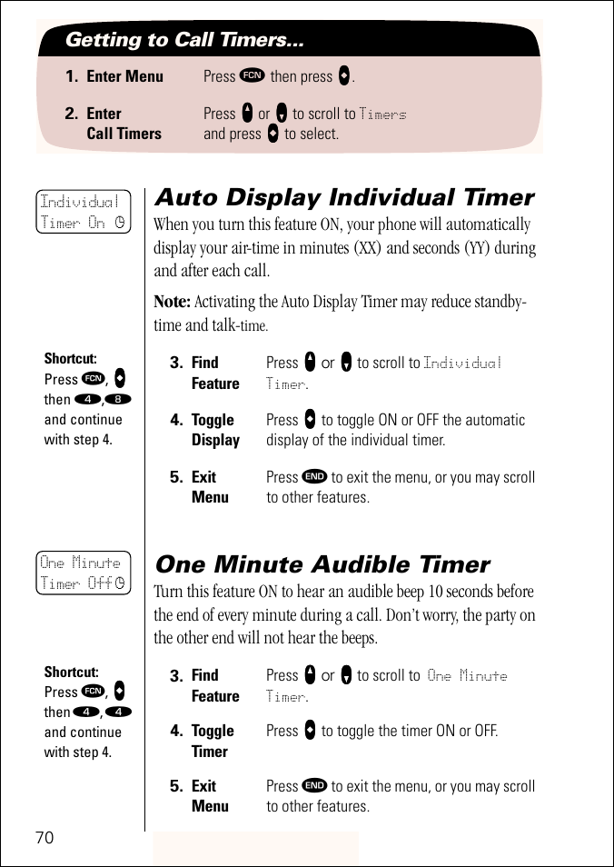 Auto display individual timer, One minute audible timer, Pg. 70 | Motorola ST 7760 User Manual | Page 70 / 117
