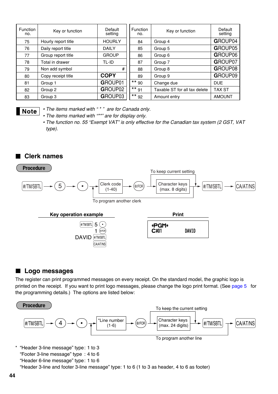 Clerk names, Logo messages, And 44 | Sp 5 s, Sp 4, Clerk names logo messages | Sharp Electronic Cash Register XE-A40S User Manual | Page 46 / 116