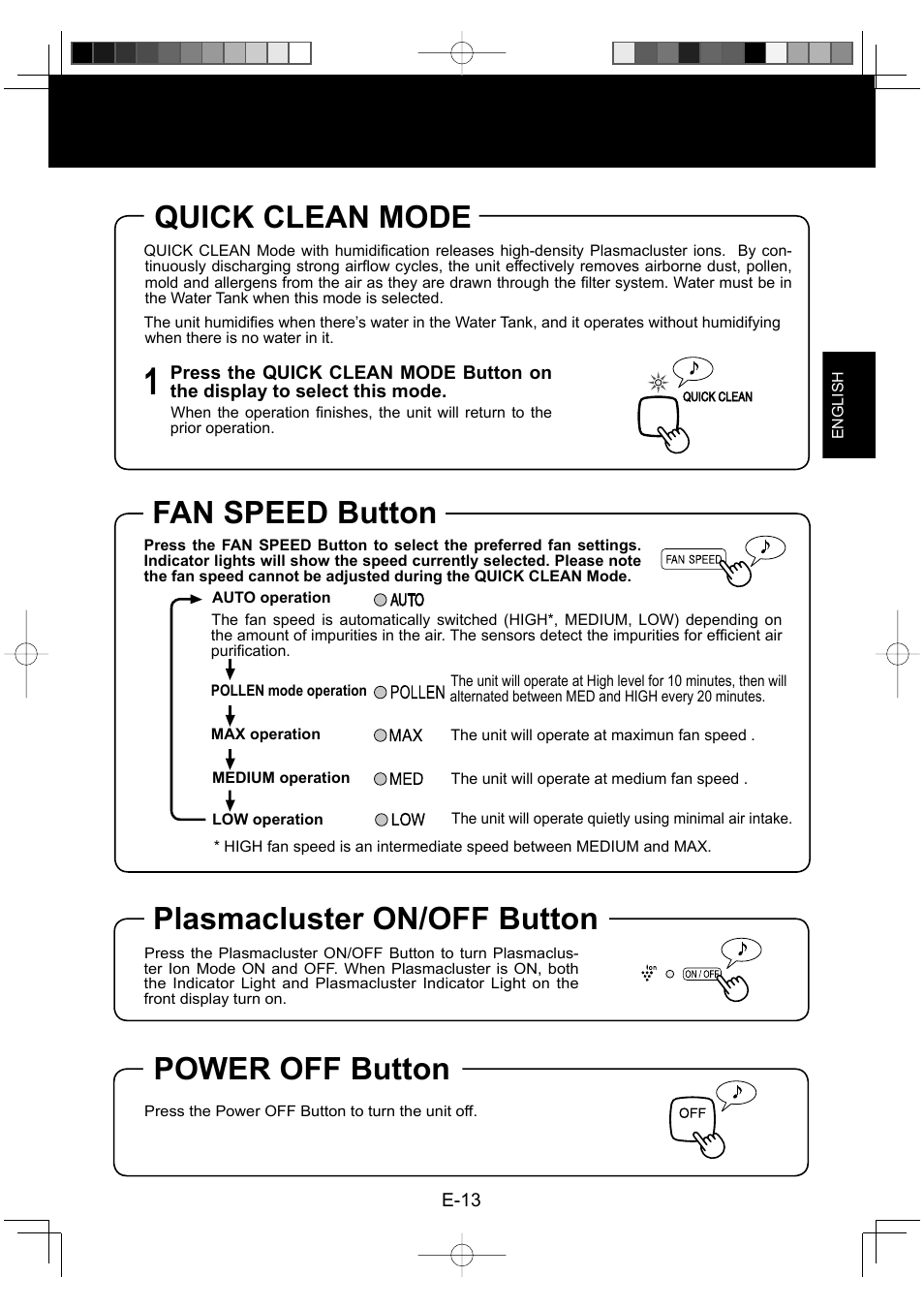 Quick clean mode, Fan speed button, Plasmacluster on/off button | Power off button | Sharp ENGLISHFRANAISESPAOL KC-860U User Manual | Page 15 / 68