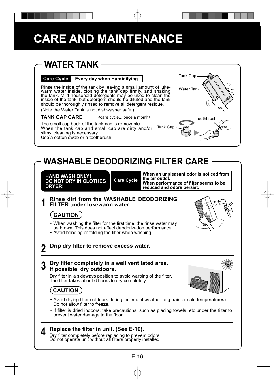 Care and maintenance, Washable deodorizing filter care, Water tank | Sharp ENGLISHFRANAISESPAOL KC-860U User Manual | Page 18 / 68